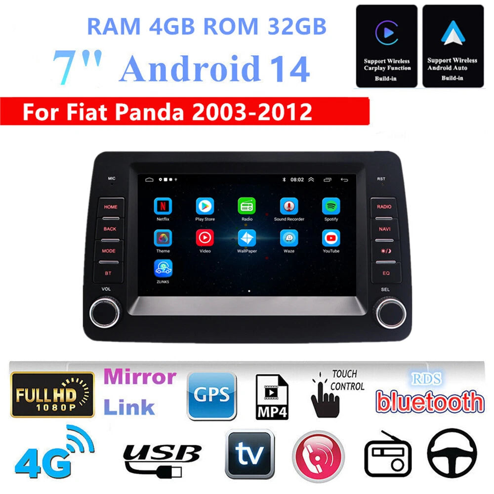 7'' Carplay Android Stereo GPS Navigation for Fiat Panda (2003–2012)