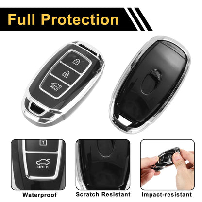 TPU Silicone Car Key Case for Hyundai i10 (2010–2023) - Black/Silver Edge