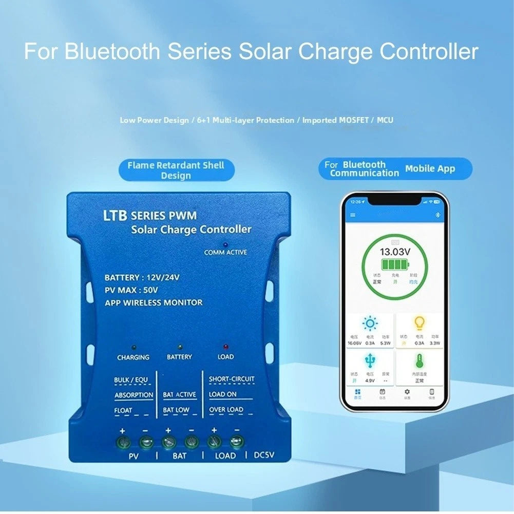 12V 24V Auto Detect PWM Solar Charge Controller with APP and USB 5V