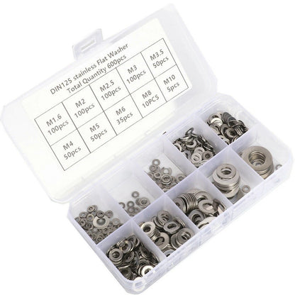 Flat Washers Set of 600 - 304 Stainless Steel Assortment Kit