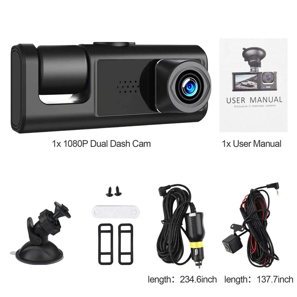 Dual Lens Dash Cam for Car (HD 1080P, Front/Rear/Inside, G-Sensor, WIFI)