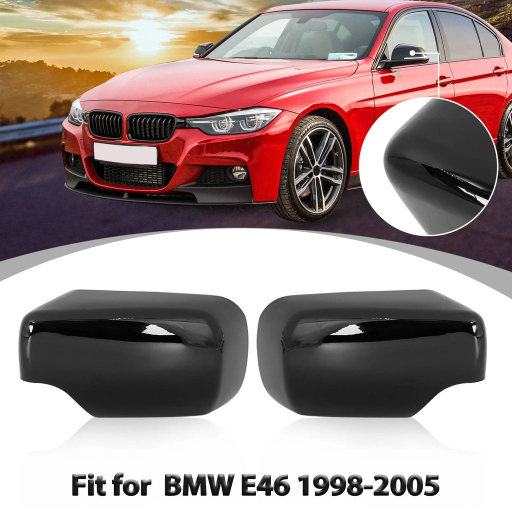 Rear View Mirror Covers Pair Gloss Black for BMW E46 318i 320i (1998–2005)