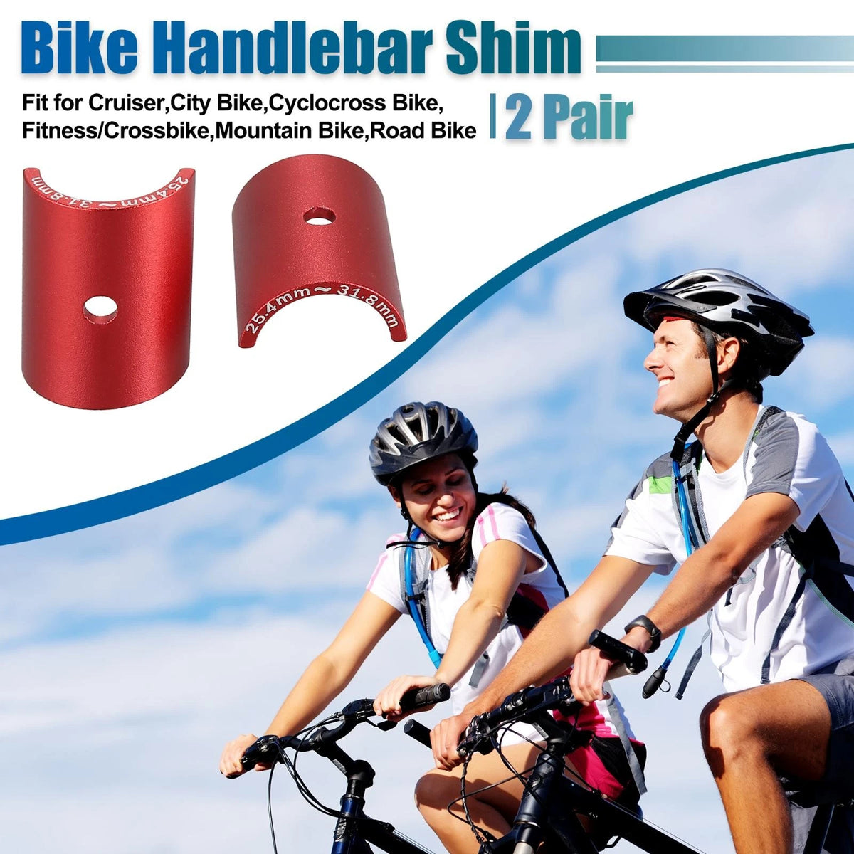 Handlebar Shim Spacer Set 25.4 to 31.8mm for Bike Stem (Red) (1 Pair)