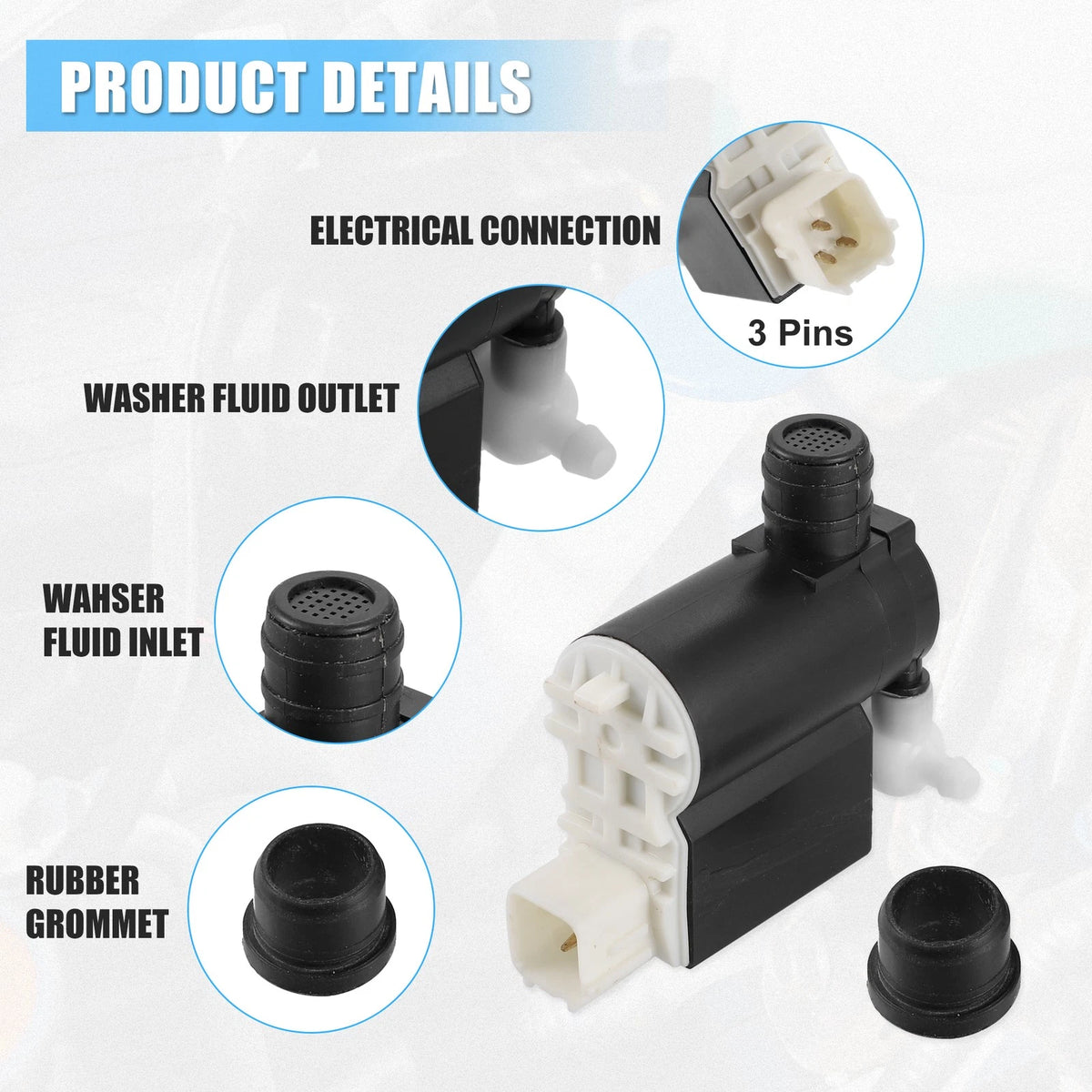 Windshield Washer Pump Motor with Grommet for Hyundai Elantra (2009–2012)
