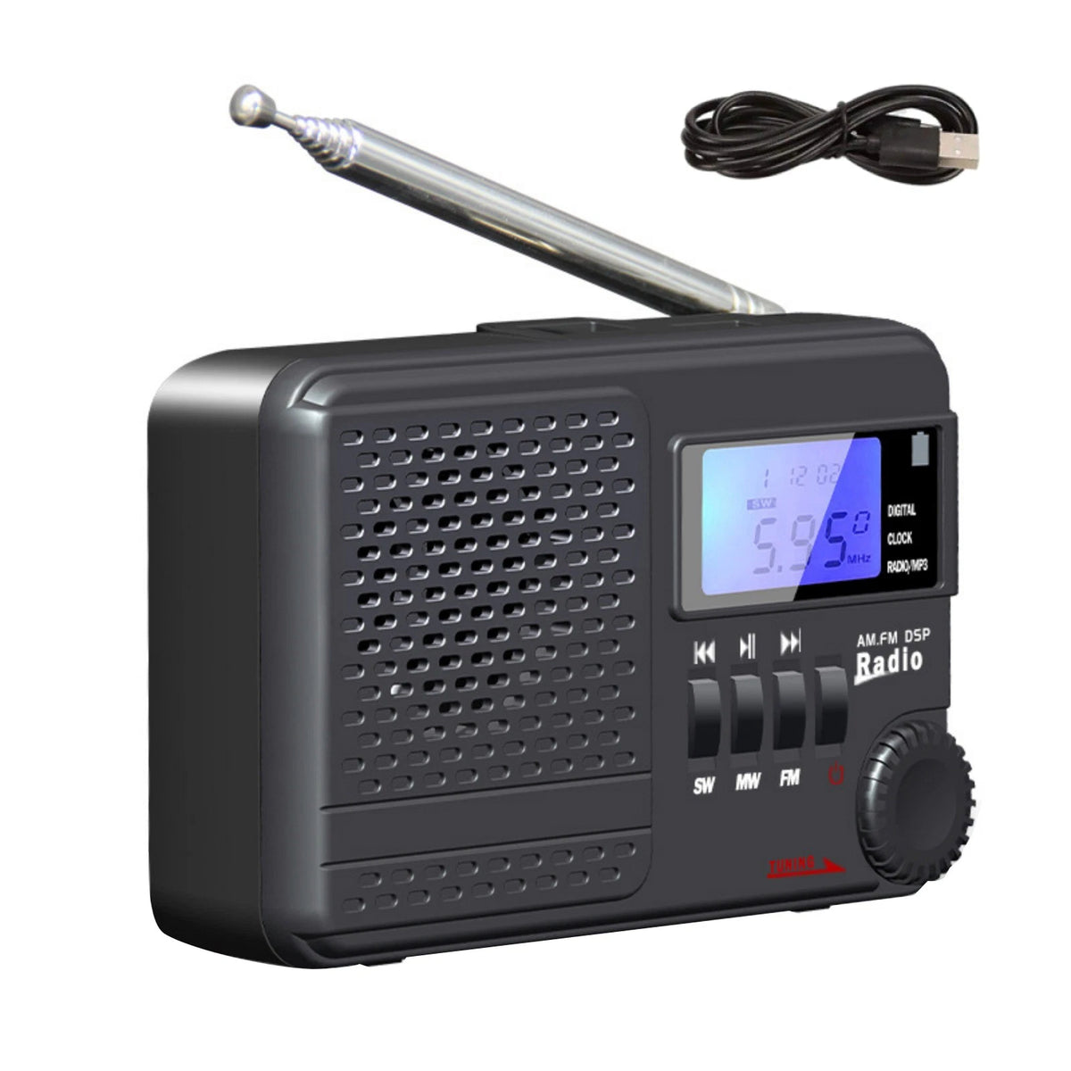 Digital AM FM SW Radio with USB MicroSD MP3 Playback for Portable Use