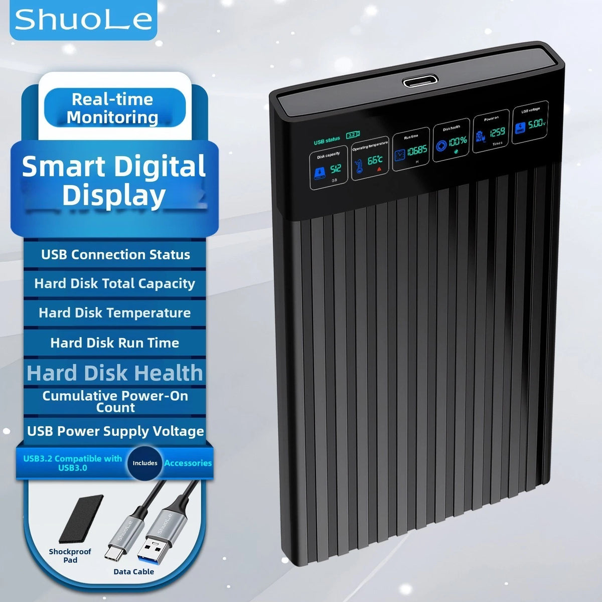 USB 32 Aluminum HDD SSD Enclosure with Real Time LED Display