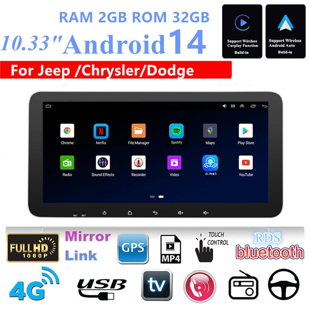 10.33'' Car Stereo Navigation for Jeep Wrangler Dodge Challenger Durango (2011–2023)