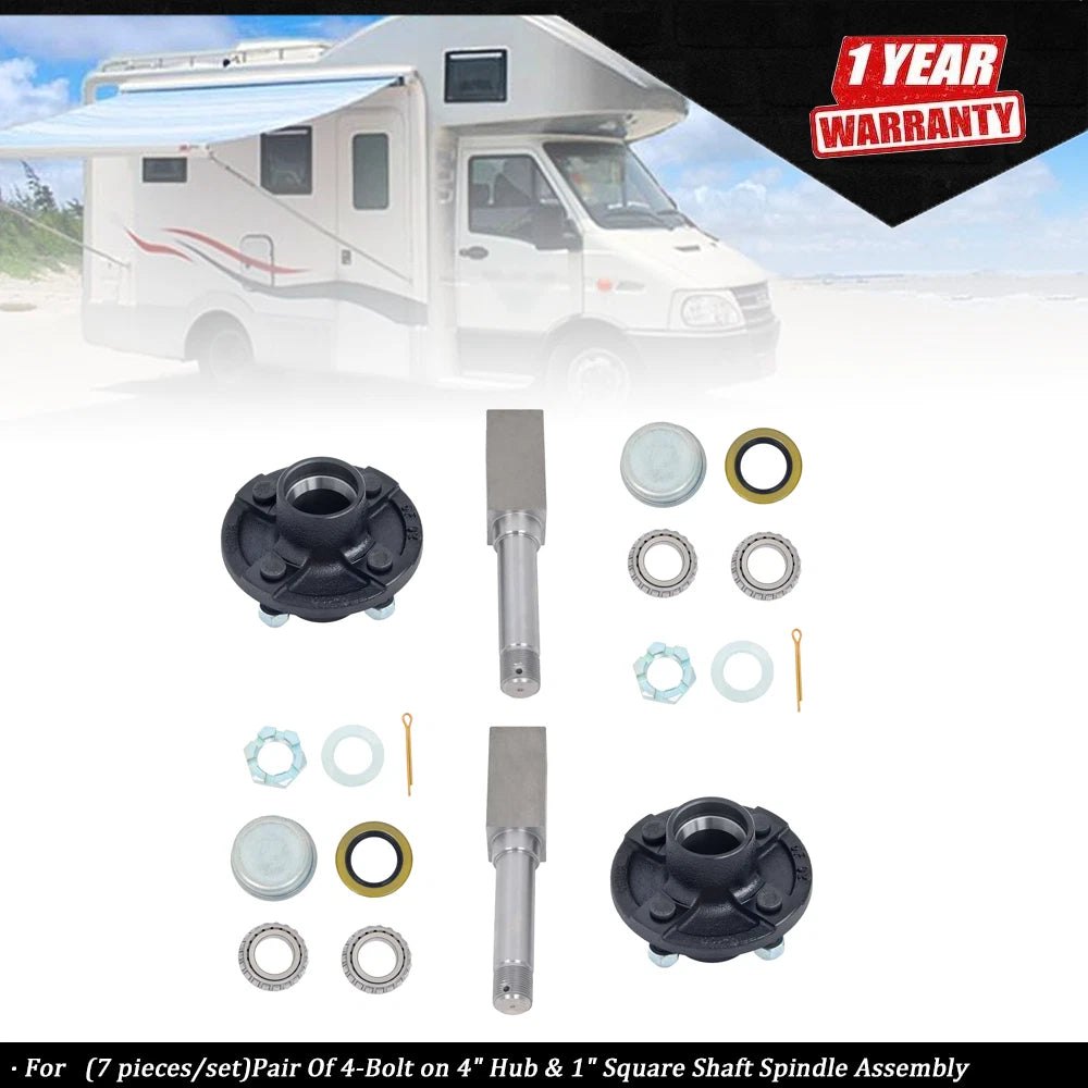 Set of 4 Trailer Hub Kit & 1" Square BT8 Spindle with Bearings for Trailer