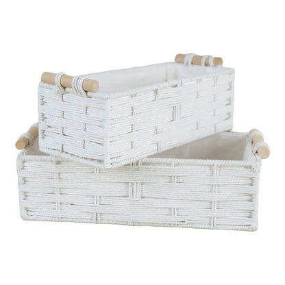Set of 2 Handwoven Macrame Storage Baskets with Wooden Handles