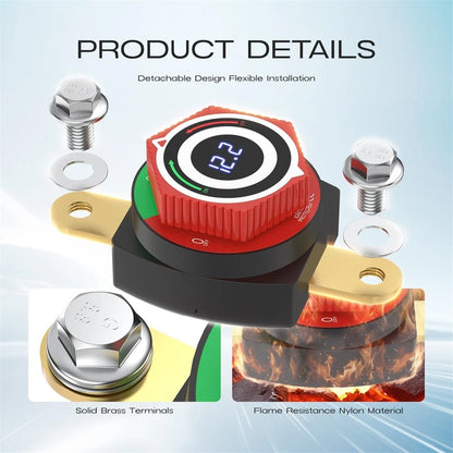 Side Post Battery Disconnect Switch for Universal Vehicles (12V) with LED Voltmeter