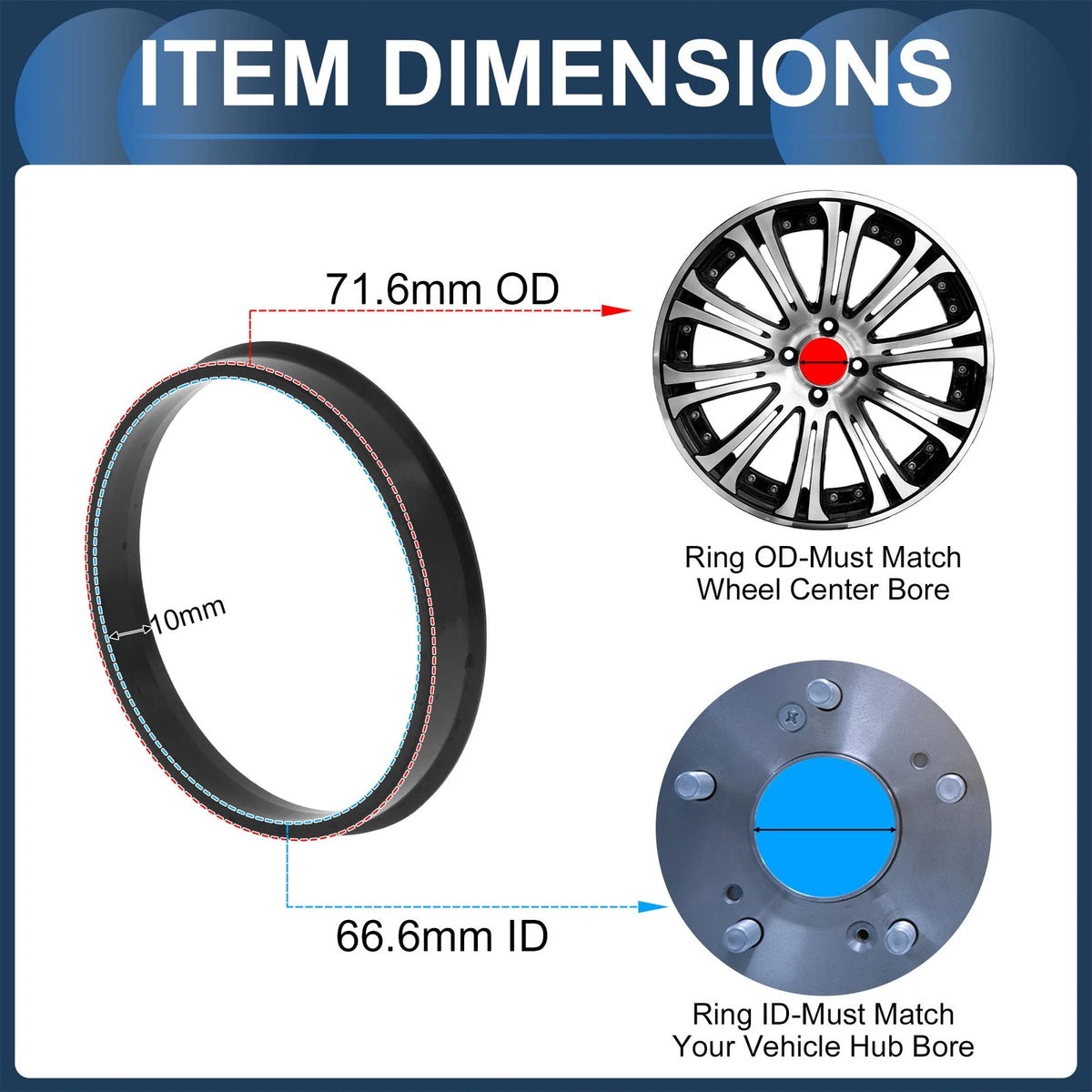 Set of 4 Wheel Hub Centric Rings for Car (OD 71.6mm ID 66.6mm) Black Polycarbonate