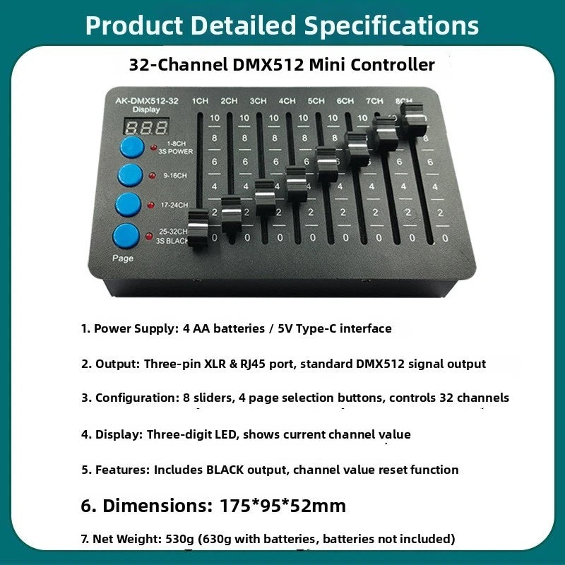 32 Channel Lighting Console with 8 Faders and 4 Page Select