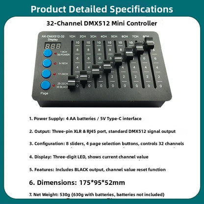 32 Channel Lighting Console with 8 Faders and 4 Page Select