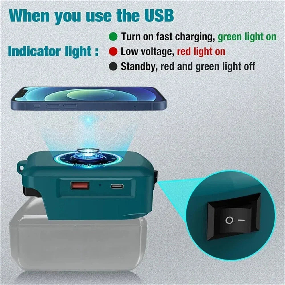 Wireless Charger Adapter for Makita 18V Li-ion Battery (Type-C & USB)
