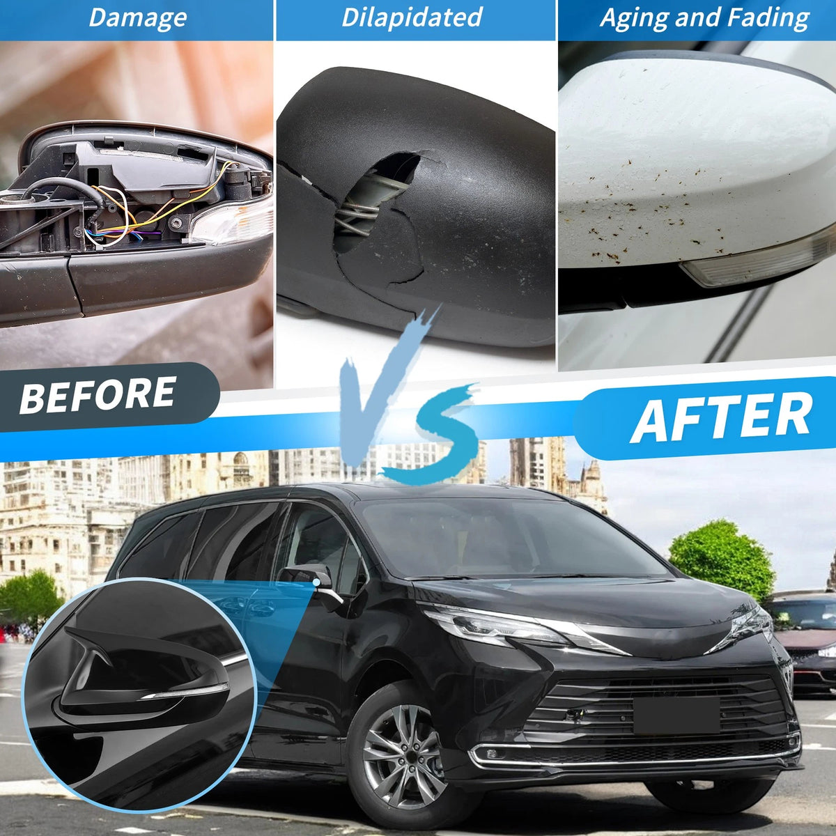 1 Pair Mirror Cover Cap Left Right Gloss Black for Toyota Sienna (2021–2025)
