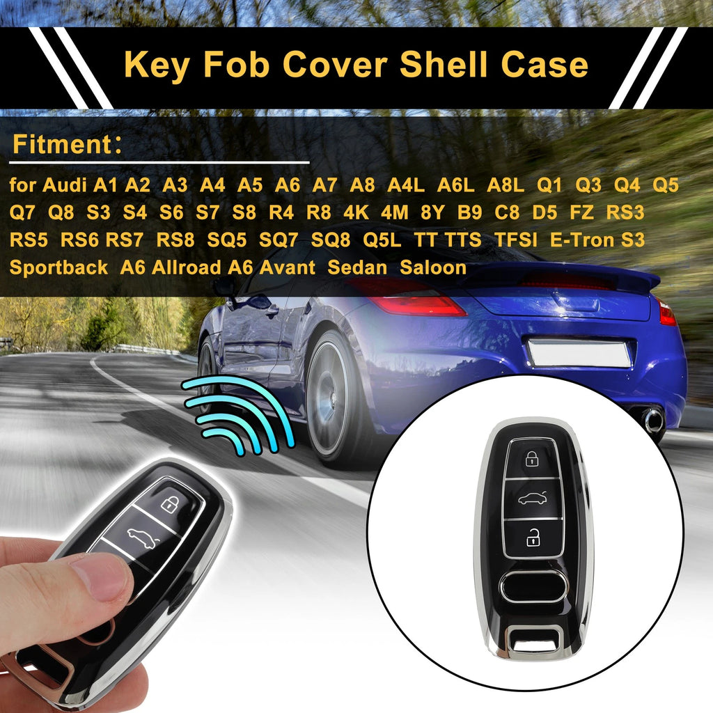 TPU Smart Key Case Black Silver for Audi A1 with 3 Buttons (2010–2018)