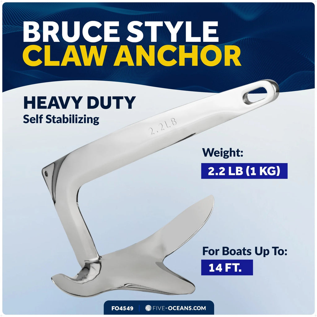 2.2 Lb Bruce Style Claw Anchor for Marine Use (Solid Stainless Steel)