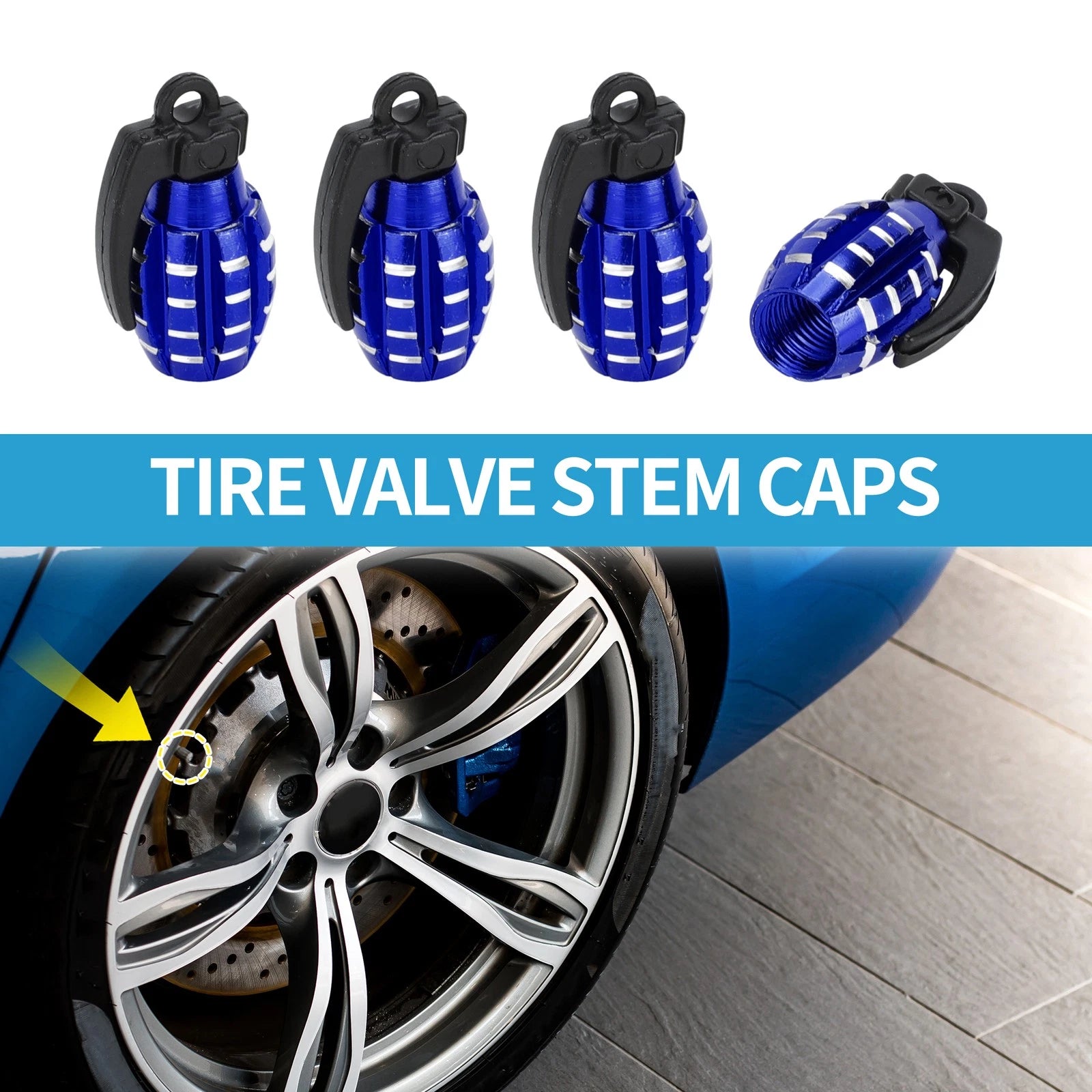 Valve Stem Caps 14x29mm Blue Replacement for Car SUV Bike RV (4-Pack)
