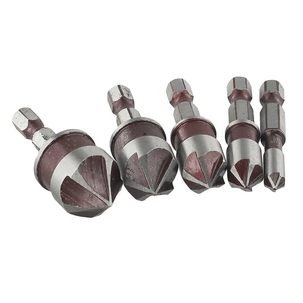 Set of 5 Flute Countersink Drill Bits 82 Degree Hex Shank 1/4 to 3/4