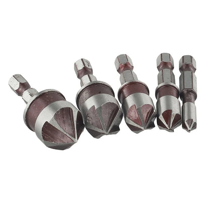 Set of 5 Flute Countersink Drill Bits 82 Degree Hex Shank 1/4 to 3/4