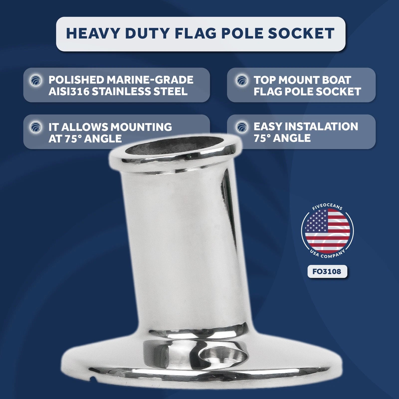 Top-Mount Boat Flag Pole Socket for Marine AISI316 Stainless Steel