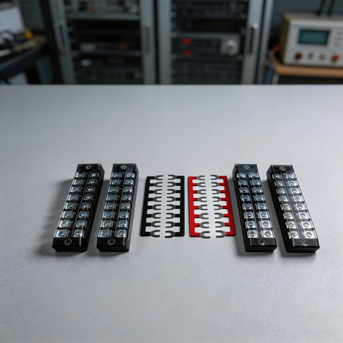 Set of 4 Terminal Blocks 600V 25A Double Row with Red Black Jumpers