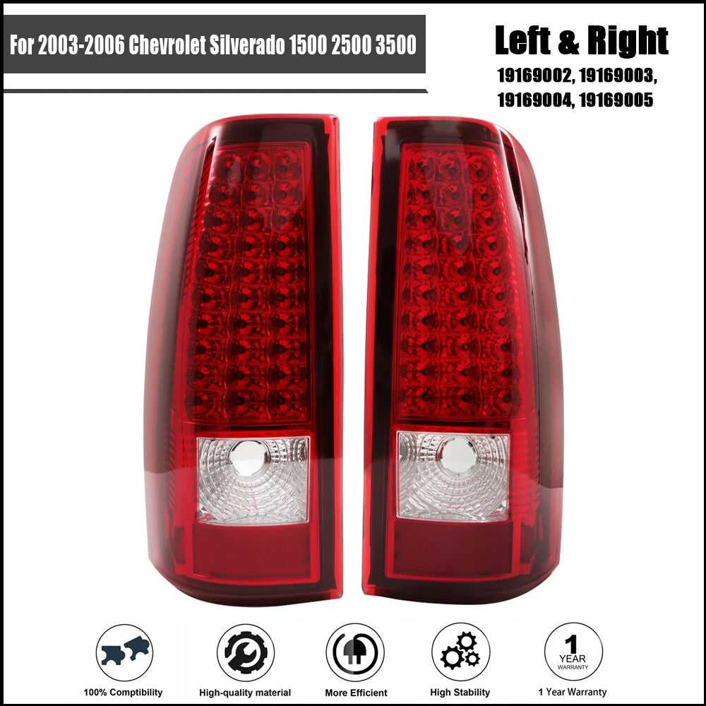 Set of 2 LED Tail Lights for Chevrolet Silverado (2003–2006) Chrome Red Lens