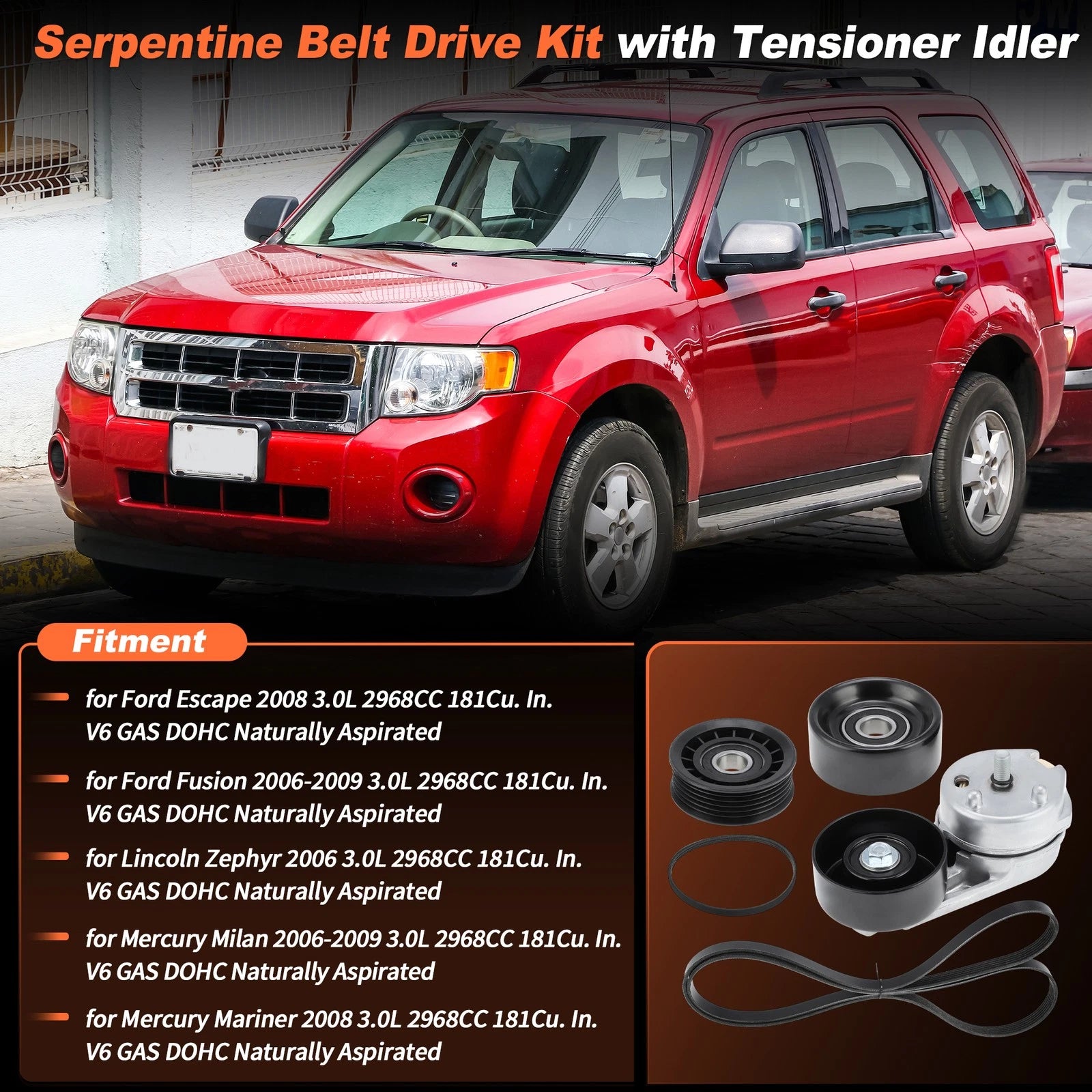 Serpentine Belt Tensioner with Idler Replacement for Ford Fusion (2006–2009)