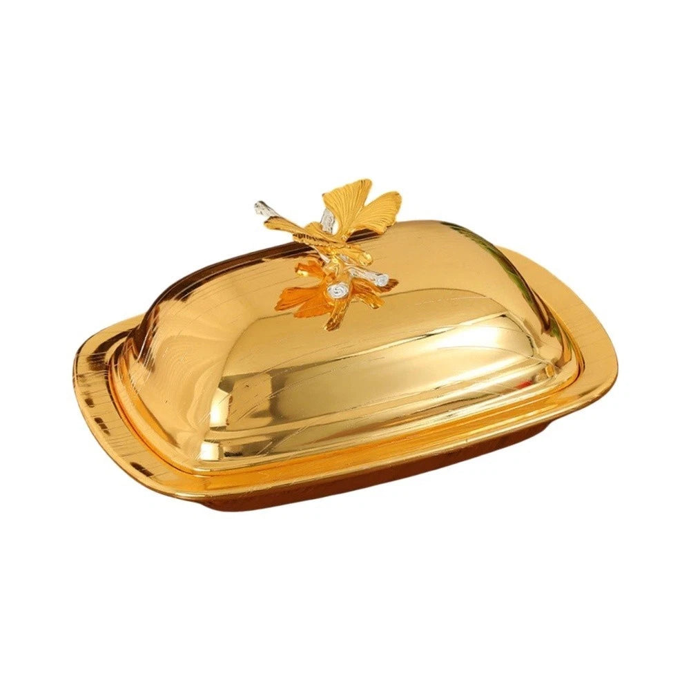 Rounded Metal Butter Container with Ginkgo Leaf Pattern Lid for Tabletop Use