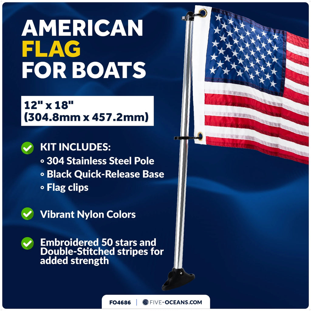 Pontoon Flag Pole Socket with US Flag for Boats (12" x 18")