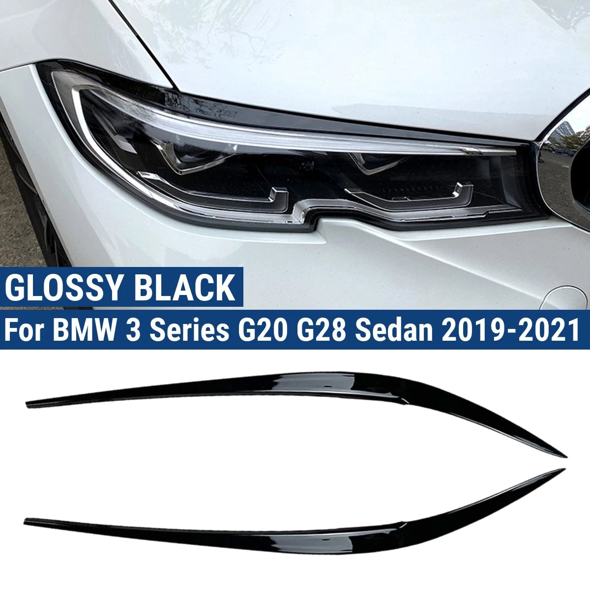 Set of 2 Black Front Headlight Eyelid Eyebrow Trims for BMW 3 Series G20 G28 (2019–2021)