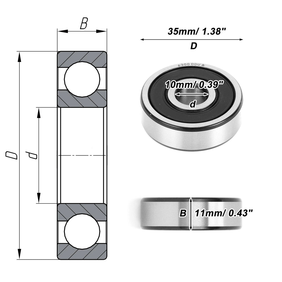 Deep Groove Ball Bearing 10x35x11mm for Scooter Skateboard (6300DDU)