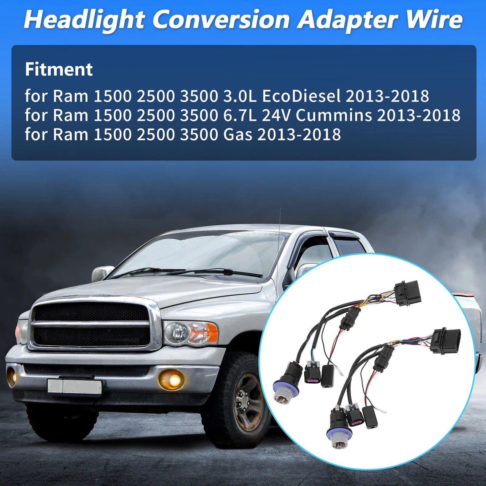 2pc Projector Headlight Converter Adapter Wire for Ram 1500 2500 3500 (2013–2018)