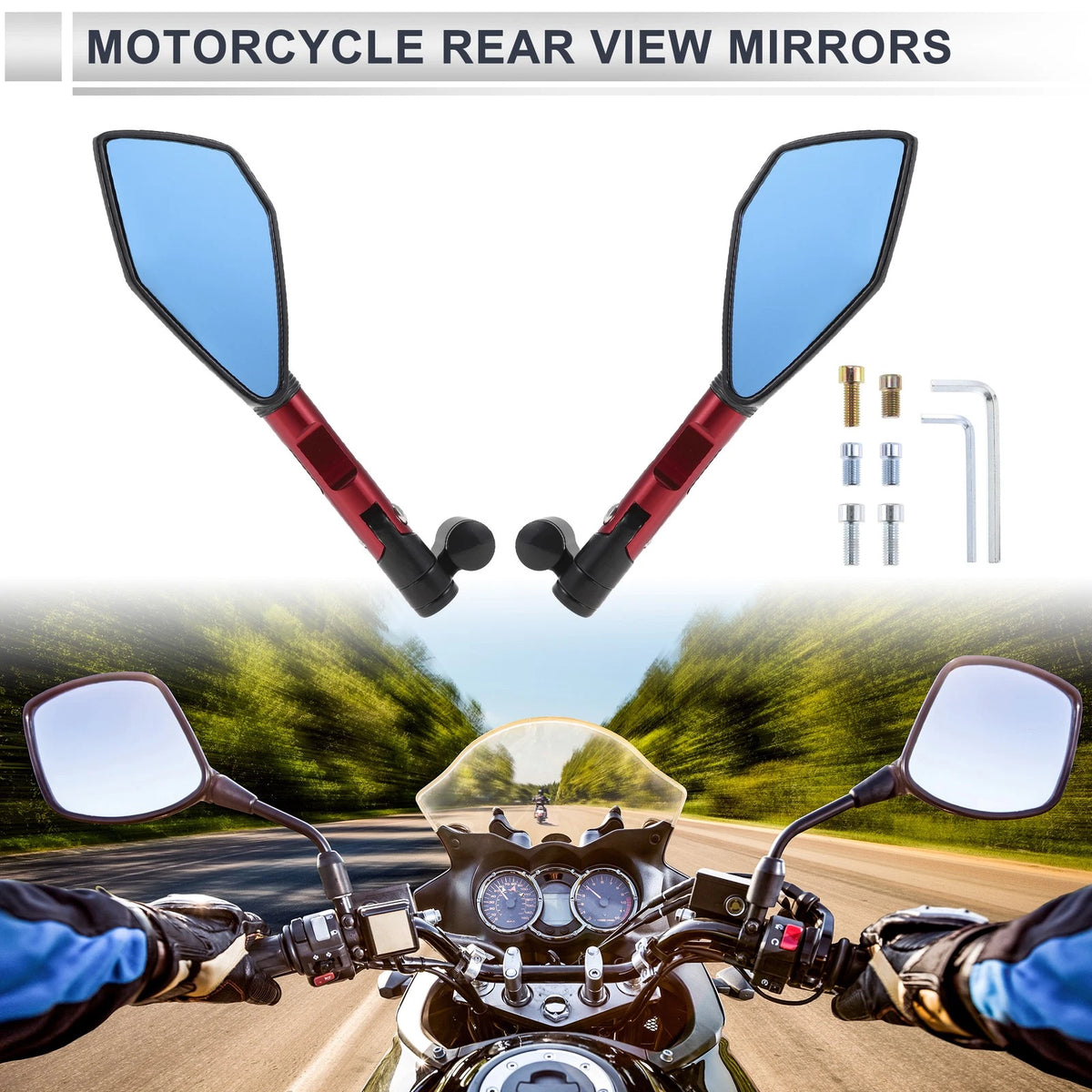 Set of 2 Rear View Mirrors for Motorcycle (M8/M10) - Black Red Aluminum