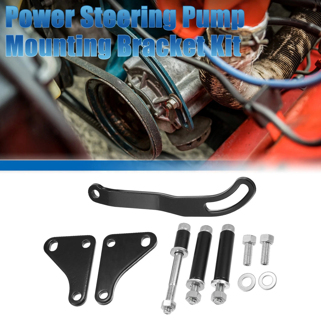 Power Steering Pump Bracket Adjustable Kit for Chevy 262 265 283 302 (Black) (1969–1974)