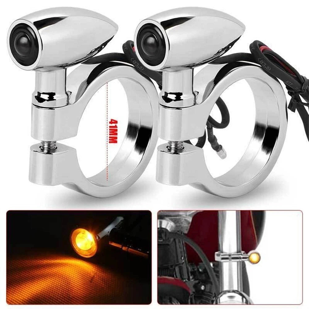 2Pcs LED Turn Signal Lights for Motorcycle (41mm Fork Clamp) Amber Indicator