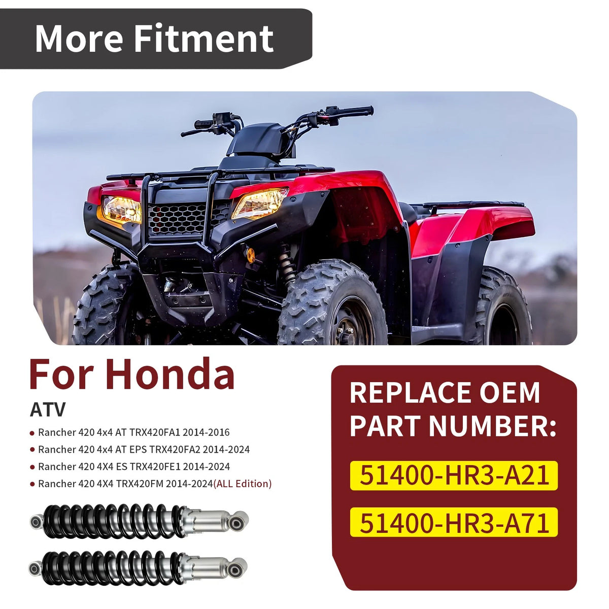 Pair Front Shocks 51400-HR3-A21 for Honda Rancher 420 4x4 (2014–2016)