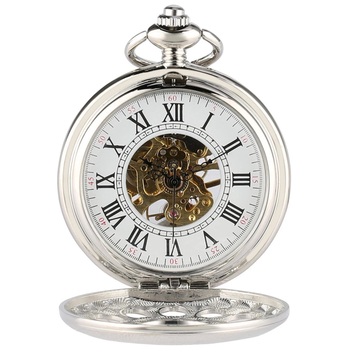 Silver Pocket Watch with Chain Hand-winding Mechanical Movement
