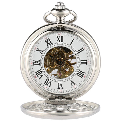 Silver Pocket Watch with Chain Hand-winding Mechanical Movement