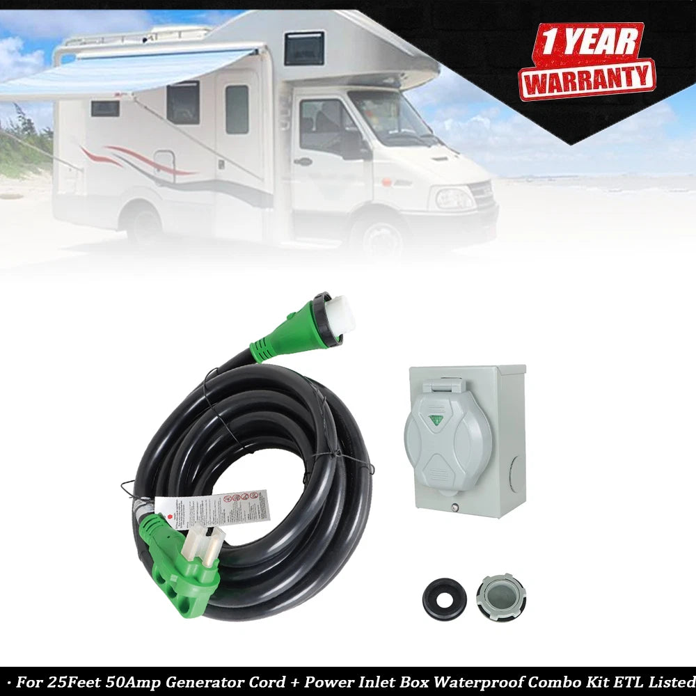 Generator Cord Power Inlet Box Waterproof Combo Kit (25ft, 50A)