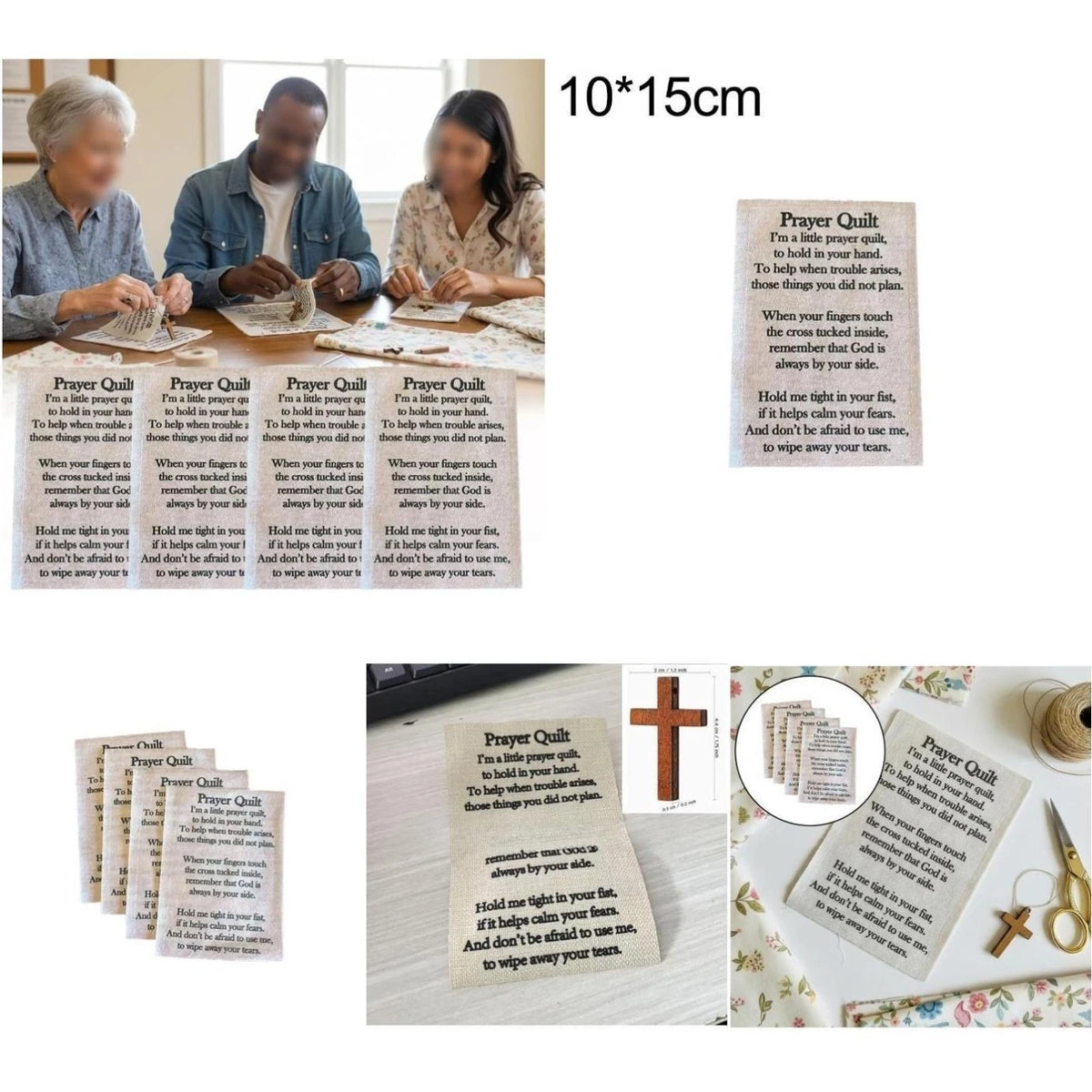 10pcs Prayer Quilt Fabric Text Panel 10x15cm Beige for Handmade Quilts