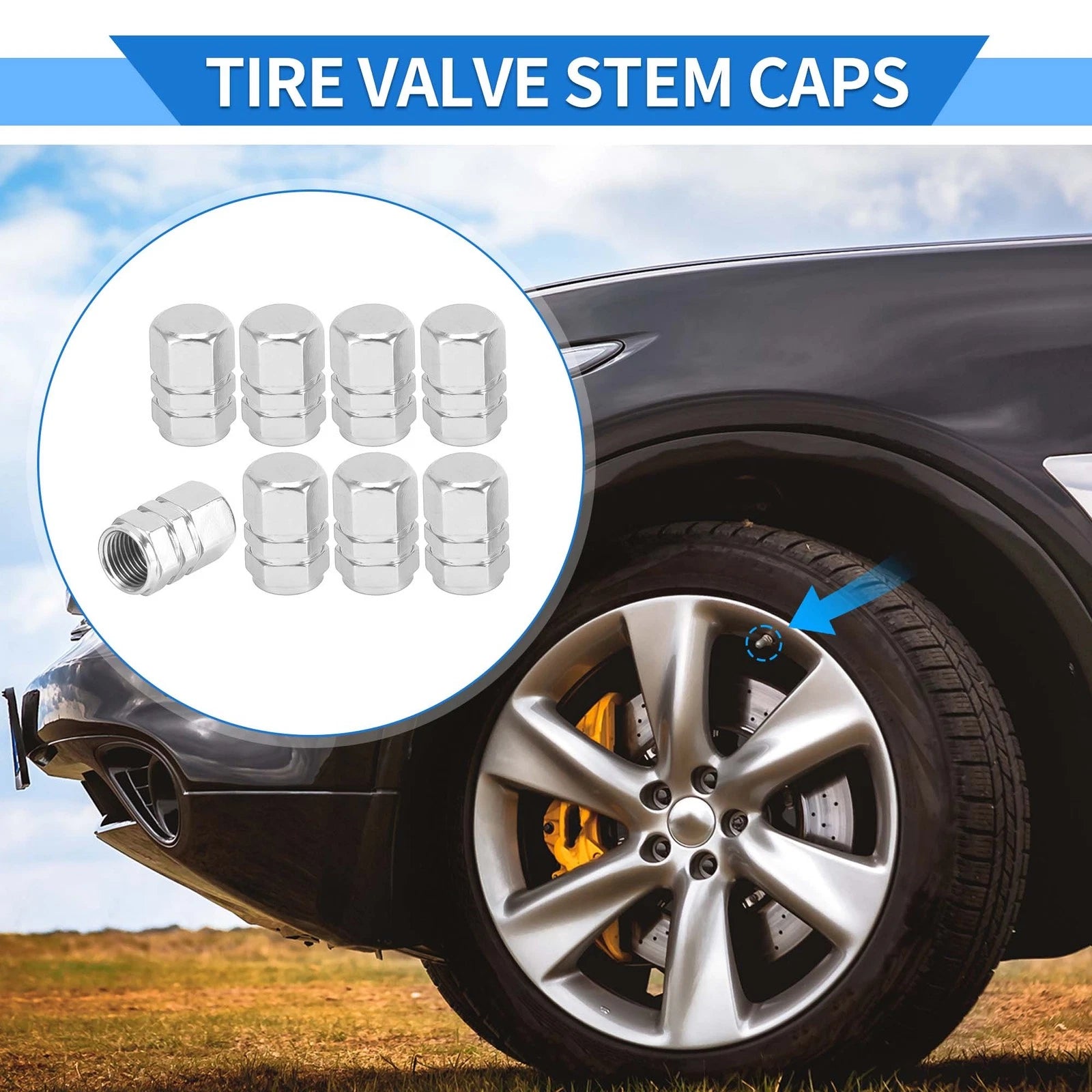 Tire Valve Stem Caps Replacement Set for SUV Bike RV (10–17mm) (8 Pack)