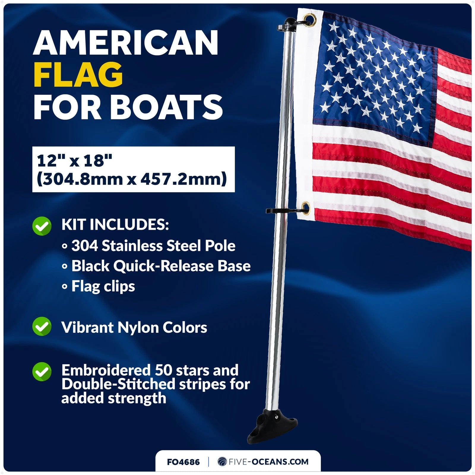 Pontoon Flag Pole Socket with US Flag Kit for Boats (12" x 18")