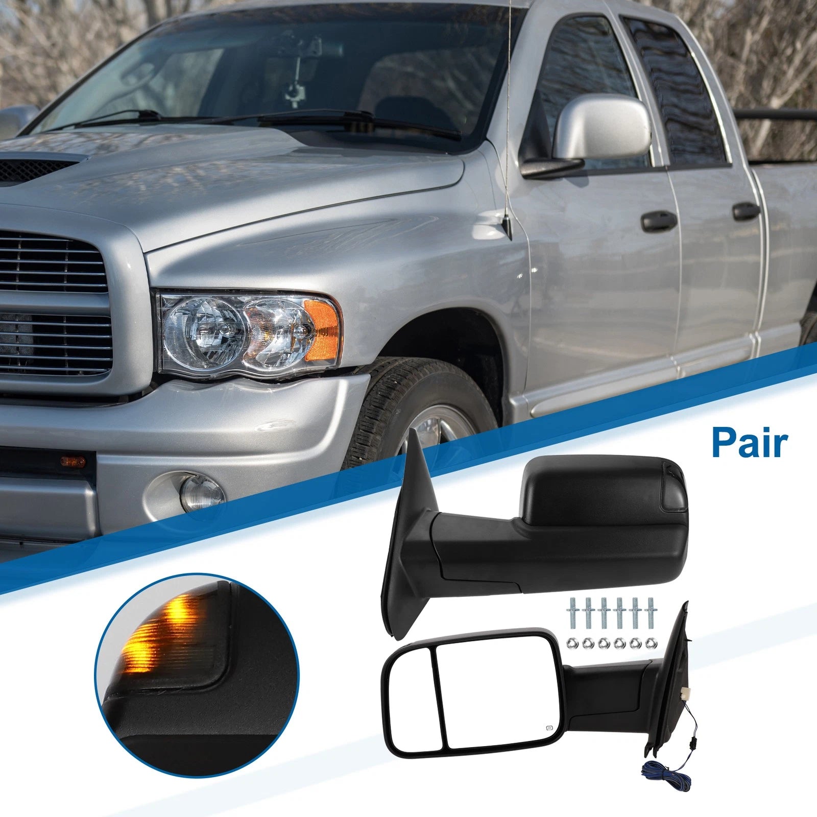 Tow Mirrors Left Right for Dodge Ram 1500 2002-2008 Turn Signal Black Pair