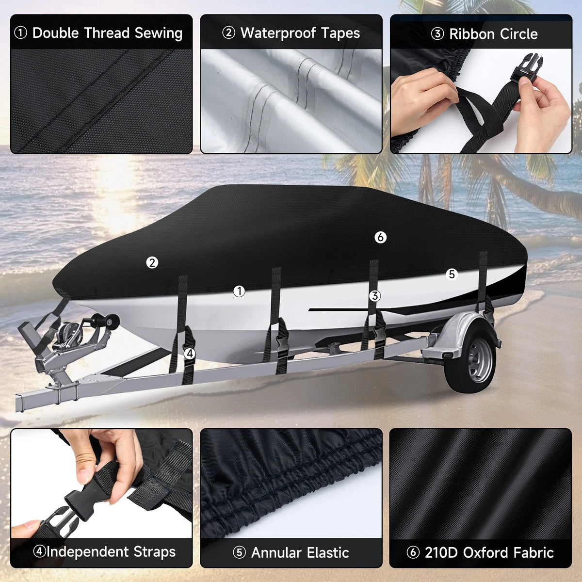 210D Heavy Duty Waterproof Boat Cover for V-Hull 17FT-19FT (102" Beam)