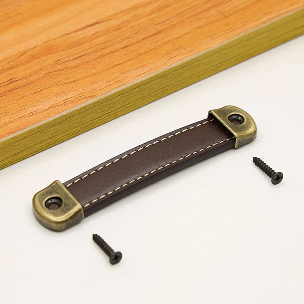 2X Antique Leather Door Pull Handles for Cabinet Bookcase Drawer