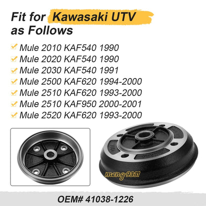 2x Rear Brake Drum for Kawasaki Mule (2010–2020) 41038-1226