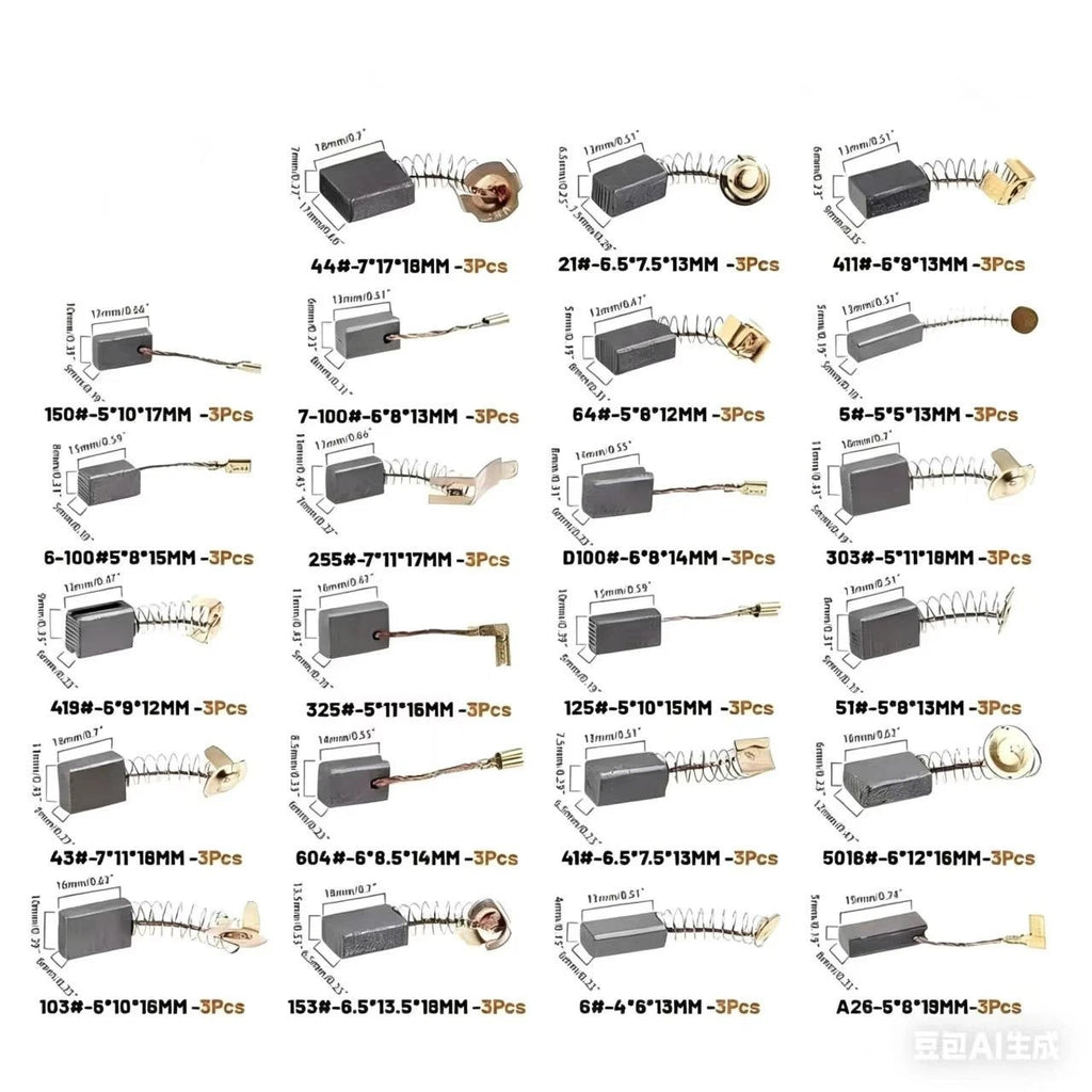 Carbon Brush Set of 69 for Motor Replacement (Various Sizes)