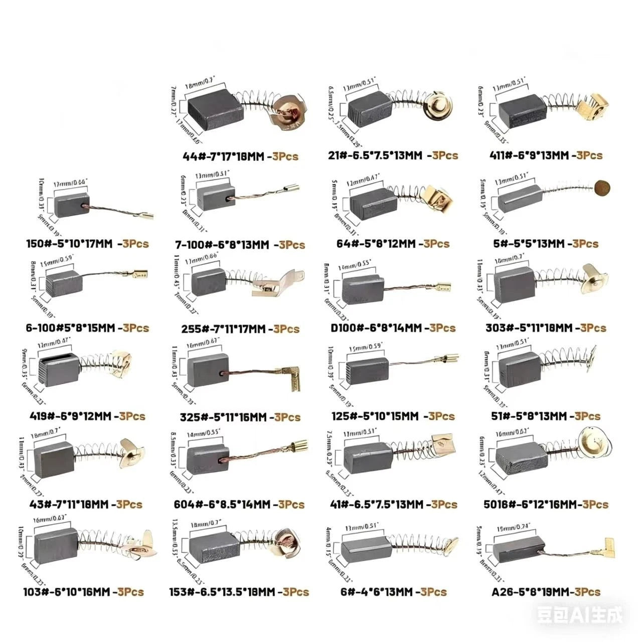 Carbon Brush Set of 69 for Motor Replacement (Various Sizes)