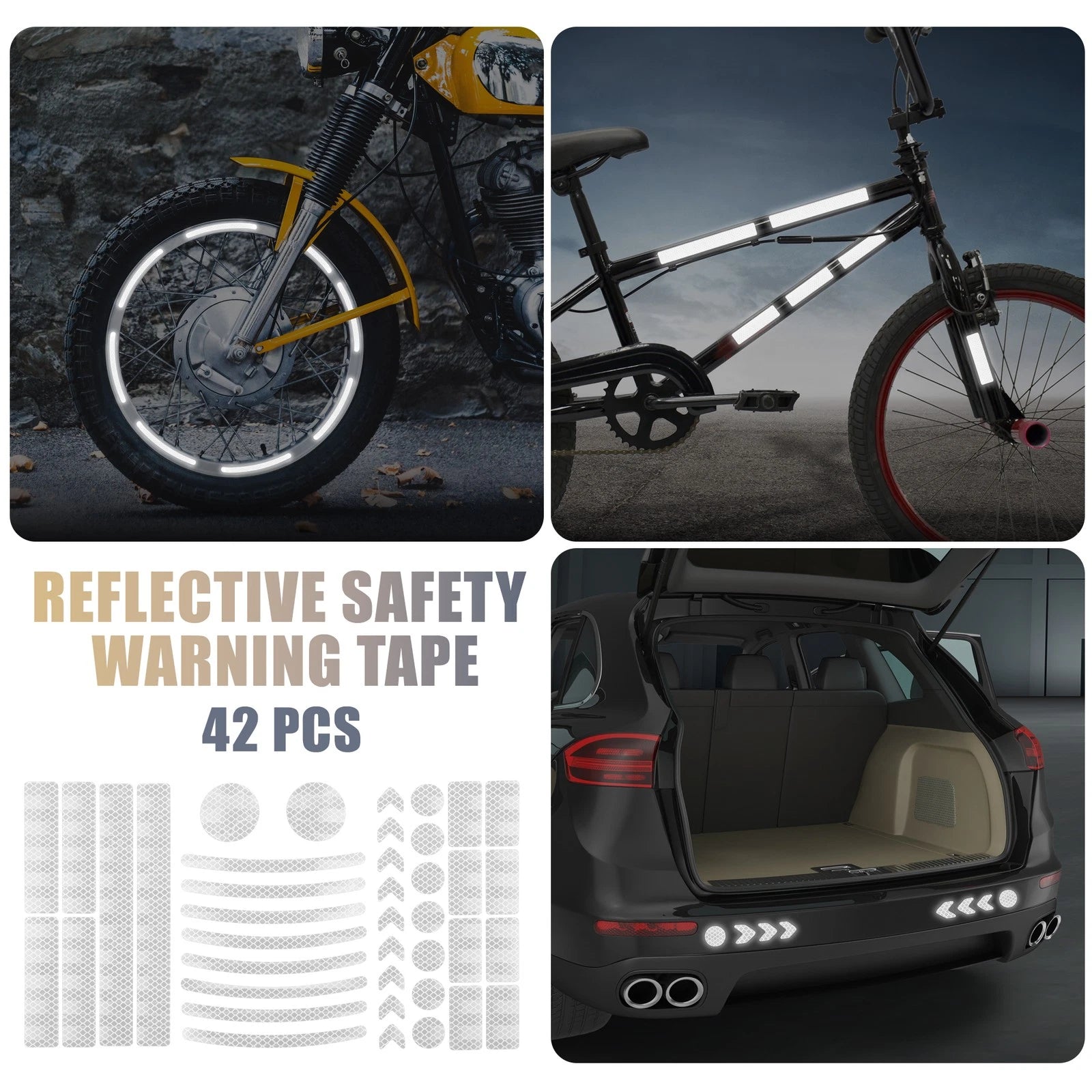 42pcs Reflective Safety Warning Tape for Motorcycle Bike Parking (White)